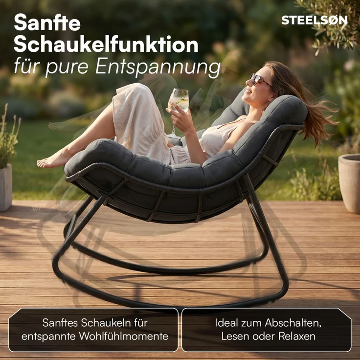 STEELSØN 'Veldora' Schaukelstuhl, schwarzes Polyrattan, Kissen anthrazit, ergonomischer Relaxsessel, bis 125kg, XXL Schaukelsessel 75×100×65 cm – Bild 2