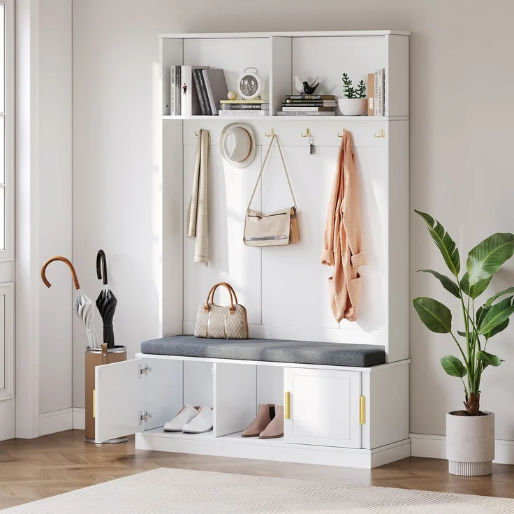 Garderobenständer mit Schuhbank, Garderobe, 6 Dreifach-Haken,freistehend, platzsparend, für Eingangsbereich,Flur, Weiß, 120×40×191cm--Weiß--120x40x191cm--YOUDENOVA – Bild 2