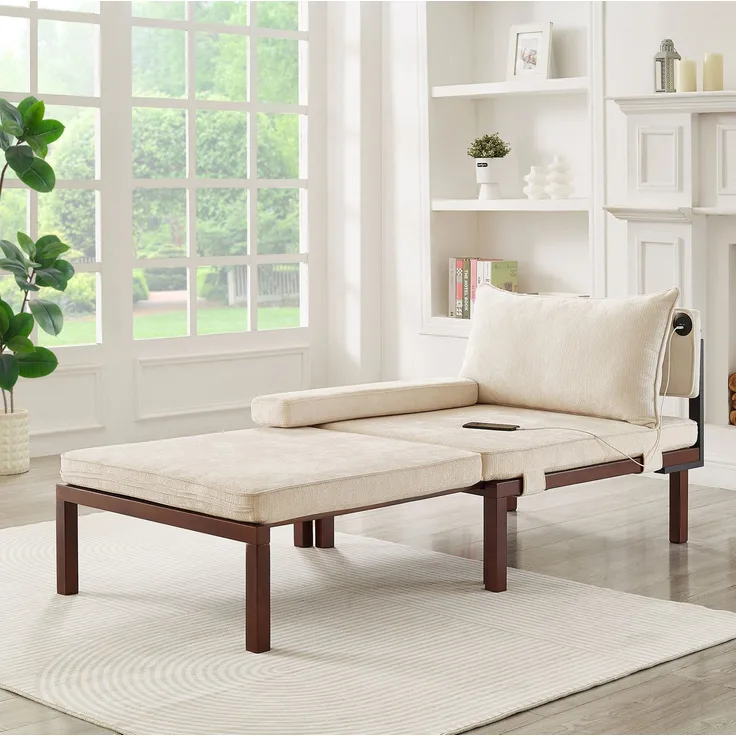 Schlafsessel, Samt, ausziehbar mit USB-Anschluss Typ C, 176cm×82cm×79cm, Beige