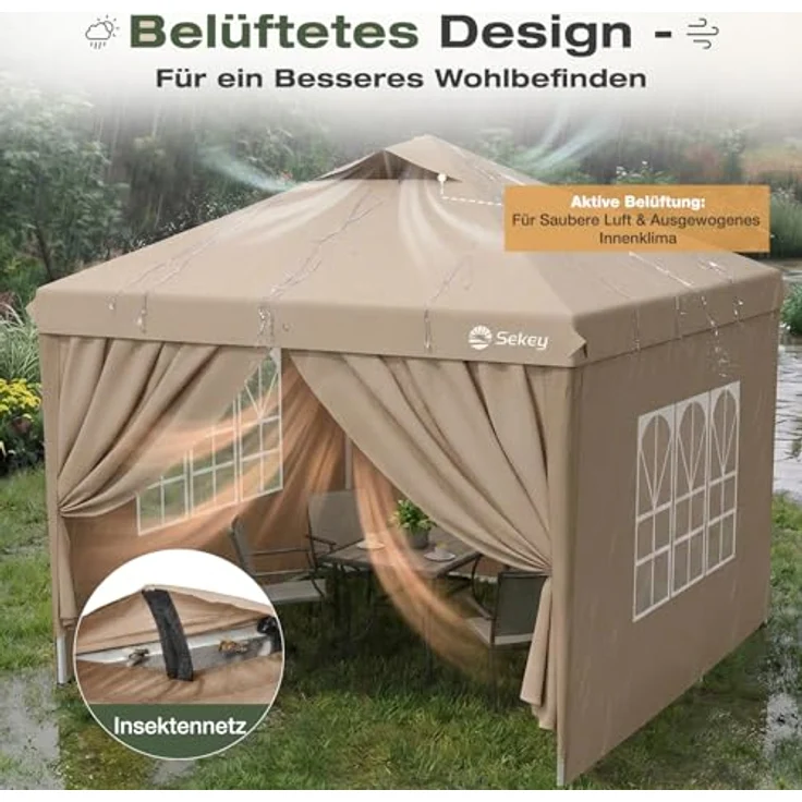 Sekey Pop Up Pavillon Wasserdicht Stabil Winterfest mit Seitenwänden, Faltpavillon 3 x 3 m, Camping Pavillion Faltbar Partyzelt mit Belüftung, Designer Serie 3x3, (Beige, 3x3 Mit Seitenwänden) – Bild 4