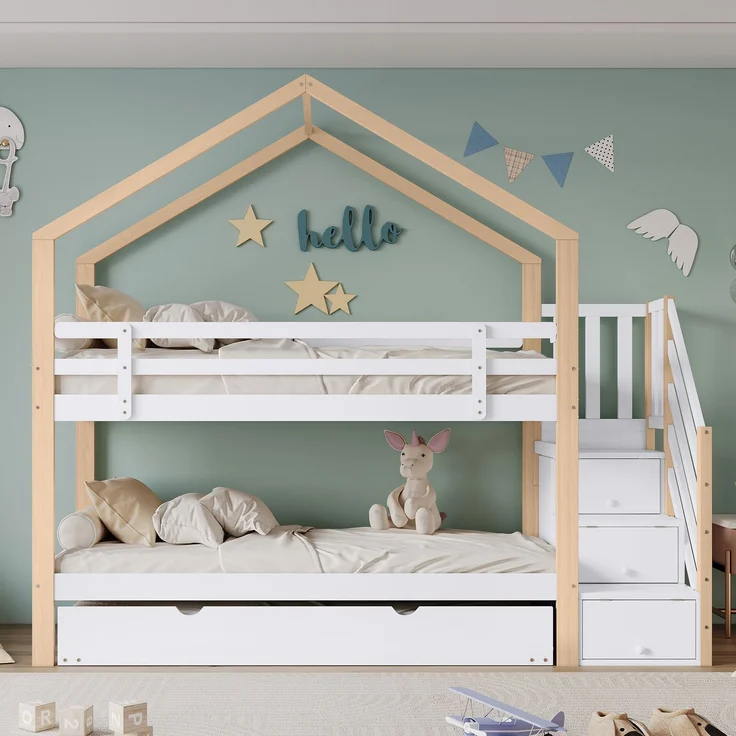 Merax Etagenbett, Ausziehbares Baumhausbett, Schiebebett, Treppe mit 4 Schubladen, Kinderbett mit Absturzsicherung und Kinderbettgitter, mit Lattenroste, Natur+Weiß (90x200cm&90x190cm) – Bild 1
