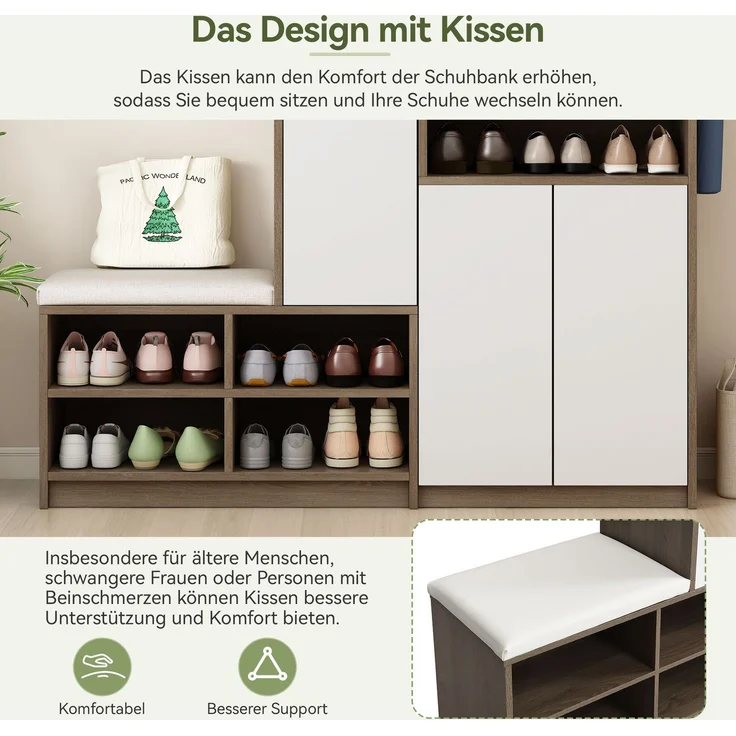 Merax Schuhaufbewahrungsbank & Schuhschrank, Schuhbank, multifunktionales Schuhregal mit gepolstertem Sitz, mit verstellbaren Regalen, weiß – Bild 5