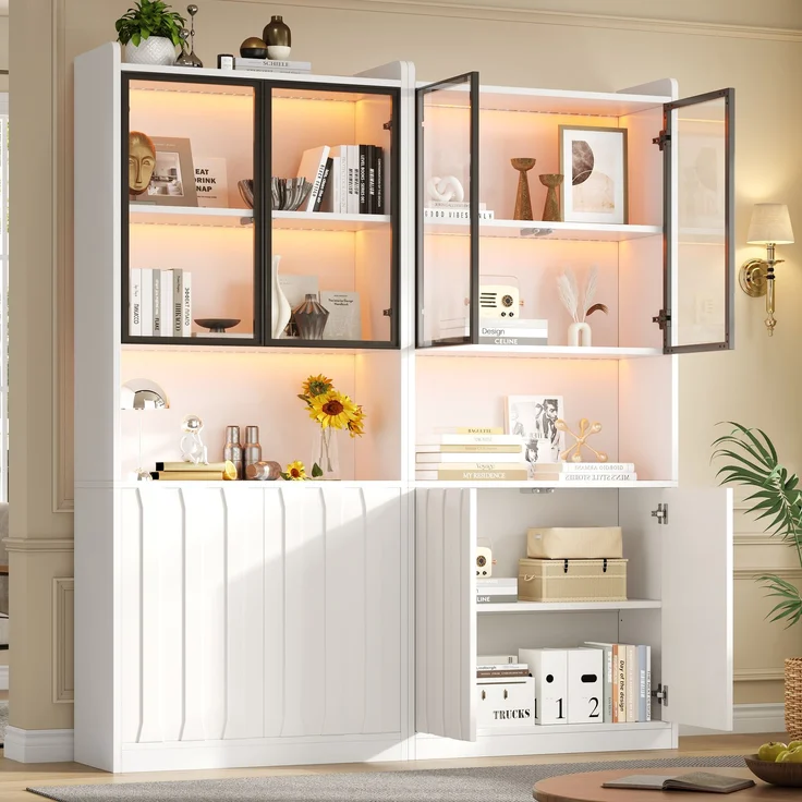 Vitrine 2er-Set, LED Vitrine, Hochschrank mit Glasschranktüren, Hochschrank Glasvitrine mit LED und Offene Partition,Wohnzimmerschrank mit Glastüren, Küche, Eingangsbereich,Weiß ,160x35x200cm--Weiß--160x35x200cm--YOUDENOVA – Bild 2