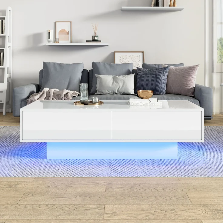 Merax Moderner Hochglanz Couchtisch in Weiß, 115 x 55 x 34 cm, mit 2 Schubladen, LED-Beleuchtung und 30 kg Tragkraft – Eleganter Wohnzimmertisch – Bild 2