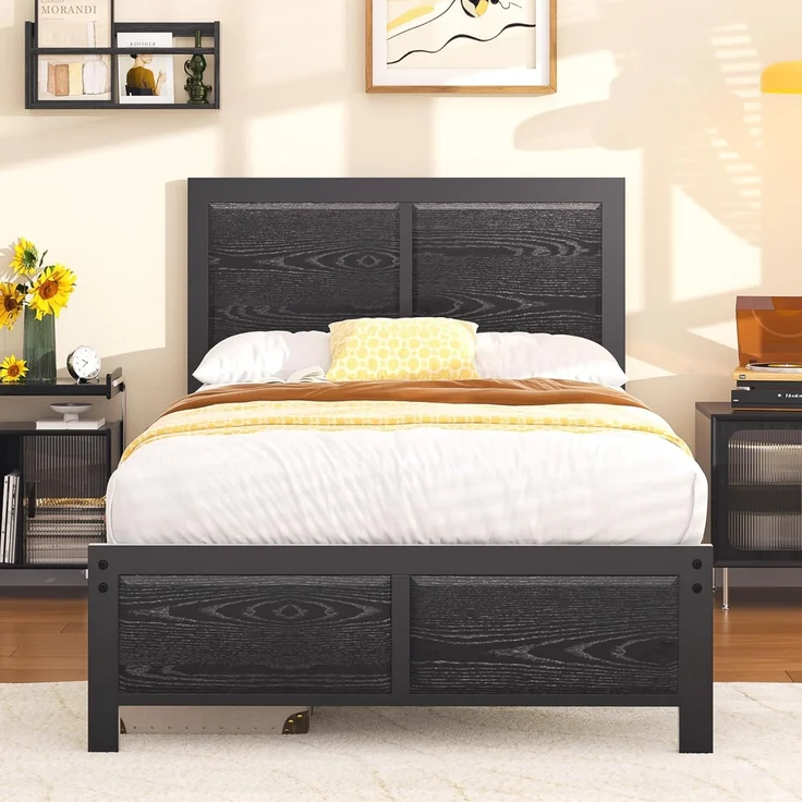 VECELO Bettgestell 90x200 cm, Metallbett mit Dick Holzkopfteil und Lattenrost, Modern Gästebett Jugendbett mit Stauraum Unter Dem Bett, Perfekt für Schlafzimmer, Schwarz – Bild 1