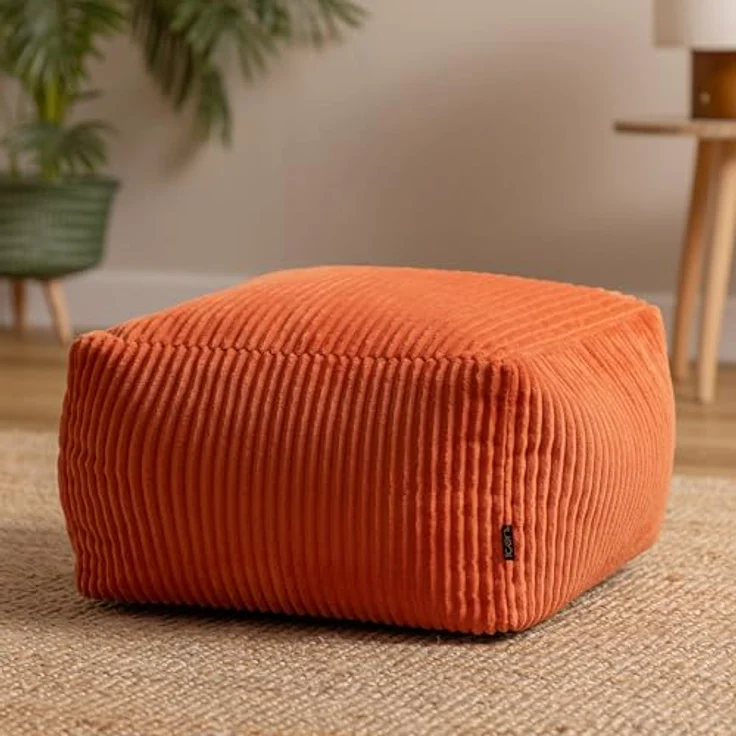 Icon Amara Hocker, Orange, Flauschiger Cord Stoff, Sitzsack Cord, Sitzpuff Hocker mit Füllung, Fußhocker für das Wohnzimmer, Deko Wohnzimmer – Bild 3