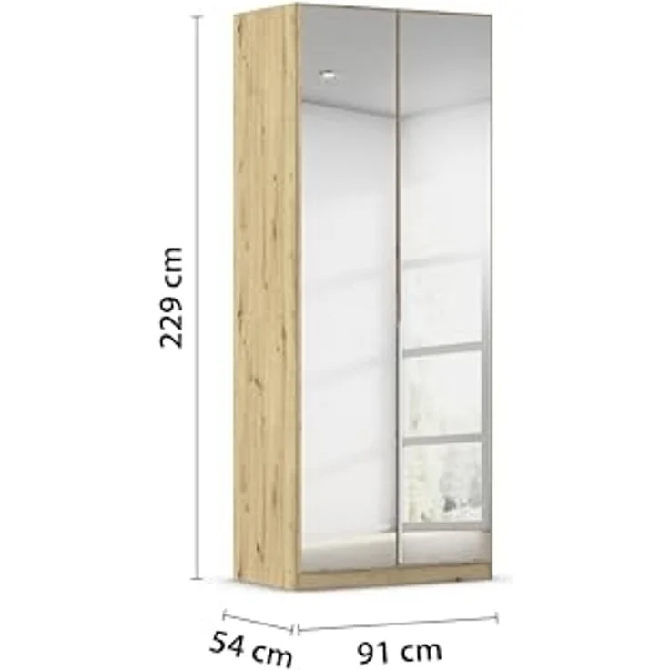 Rauch Möbel Alabama, Kleiderschrank für Schlafzimmer, Kinderzimmer, Wohnzimmer, Garderobe, Flur, 2-türig, Spiegel, mit Zubehör Classic, Farbe Eiche Artisan, Holz, Breite 91 cm – Bild 3
