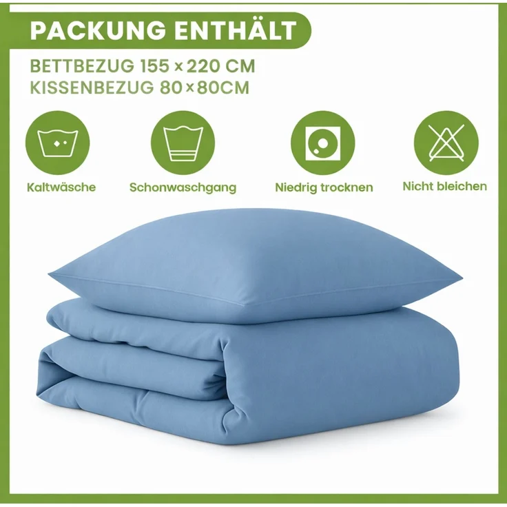 Julido Jersey Bettwäsche 155x220 80x80 Baumwolle Set Druckknopf weich Eisblau – Bild 4