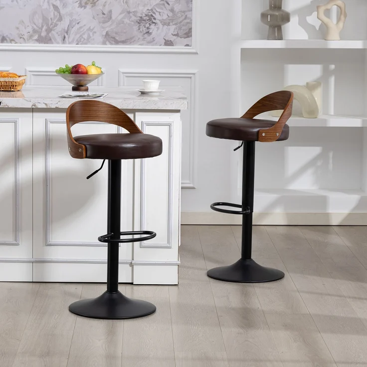 2er-Set 360° drehbarer Barhocker mit Rückenlehne aus schwarzem Walnussholz und Sitzpolster aus PU, höhenverstellbar, Geeignet für Küchen, Restaurants, Bars & ähnliche Räumlichkeiten(Brown PU Leather)--Braun--42.5x42x77cm--YOUDENOVA – Bild 8
