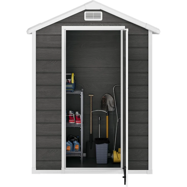 STEELSØN 'Novara' Gerätehaus Satteldach, Kunststoff, dunkelgrau mit Holzoptik, wetterfest, 202x103x134 cm, abschließbar, Gartenhaus mit Fenster – Bild 10