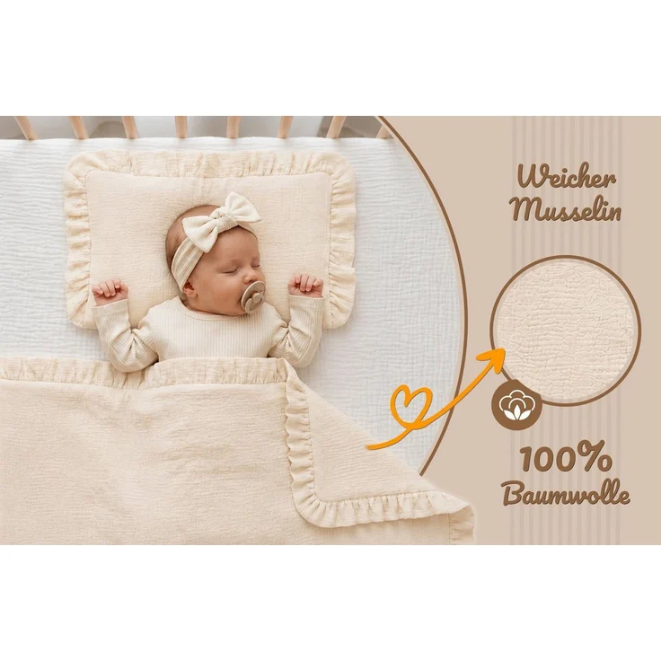 Babydecke Musselin Decke Baby Set 75x60 cm + Kissen 40x30 cm mit Rüschen, Totsy Baby – Bild 4