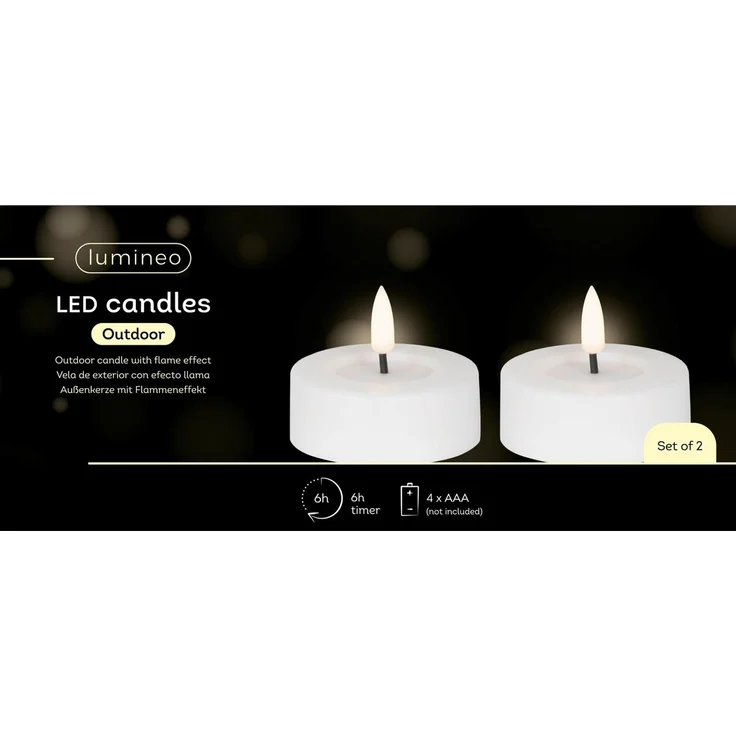 Lumineo LED-Teelichter, Timer, warmweiß, LED Teelichter 6,5x5cm mit Timer Outdoor 2 Stück Weiß / Warmweiß – Bild 3