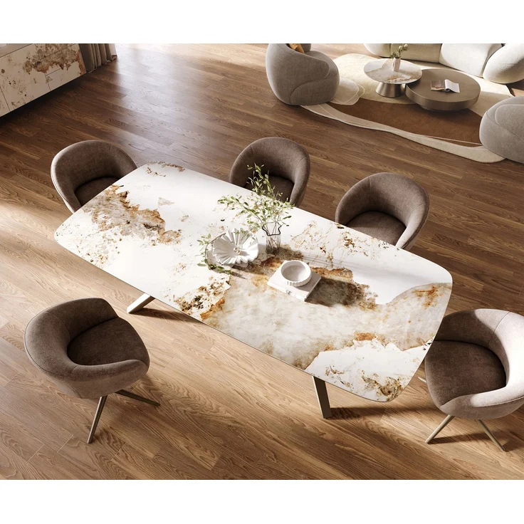 Esstisch Edge Boot 260x120 cm Keramik Minas Melange Weiß-Beige Zenthara kantig Metall Effektfinish Titan – Bild 4