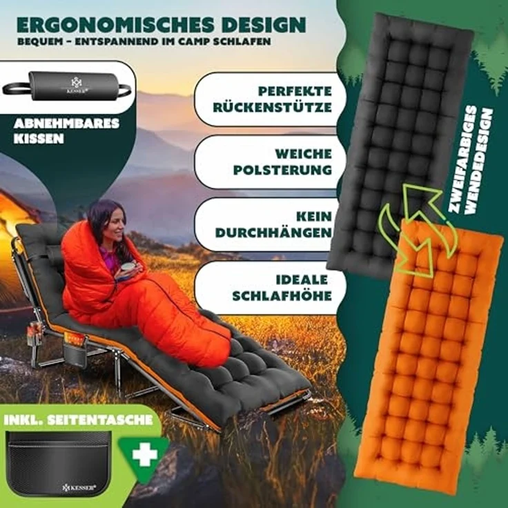 KESSER® Campingbett klappbar mit Tragetasche, Nackenkissen, Vakuumtasche & Getränkehalter, 190 x 68 x 30 cm bis 250 kg belastbar, aus Oxford-Gewebe und stabilem Stahlgerüst, ideal für Garten Camping Orange / Schwarz – Bild 3