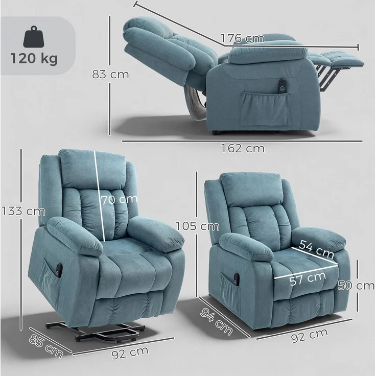 Wohnora-Aufstehsessel mit weichem Bezug, Recliner-Sessel mit Fernbedienung und Seitentaschen, Blau,H 1050cm x T 940cm x B 920cm – Bild 4