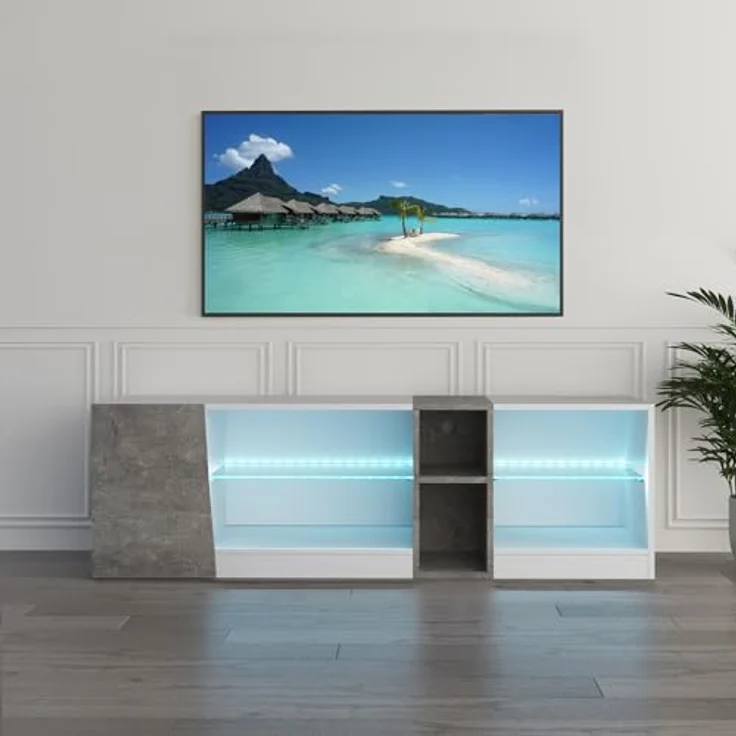 Mondeer TV Schrank, LED TV Lowboard Fernsehtisch mit 5 offenen Fächern und 1 Tür Geeignet, für Wohnzimmer Schlafzimmer, B140 x H45 x T37,5 cm, Weiß und Grau – Bild 2