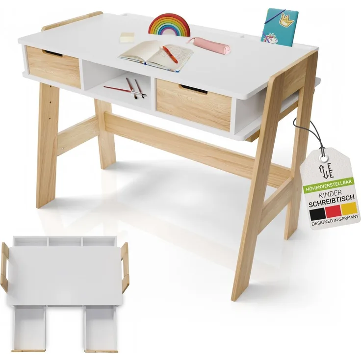 Juskys Kinder Schreibtisch Fietje - höhenverstellbar, 2 Schubladen, robustes Material, kratzfest, viel Stauraum - Kinderschreibtisch aus Holz