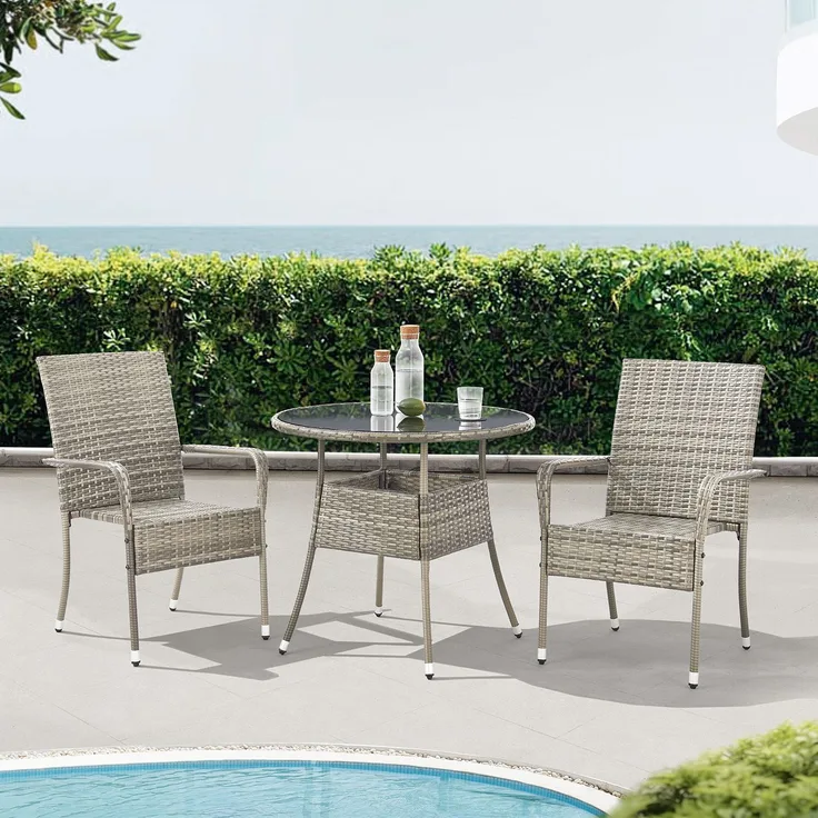Juskys Polyrattan Gartentisch Yoro wetterfest - Balkontisch Ø 80 cm rund - Rattan Beistelltisch mit Glasplatte - kleiner Tisch für Balkon - Grau