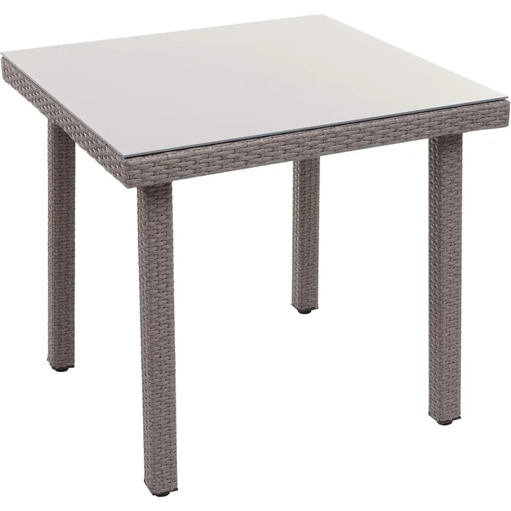 Poly-Rattan Gartentisch Cava, Esstisch Beistelltisch Tisch mit Glasplatte, 80x80cm ~ grau