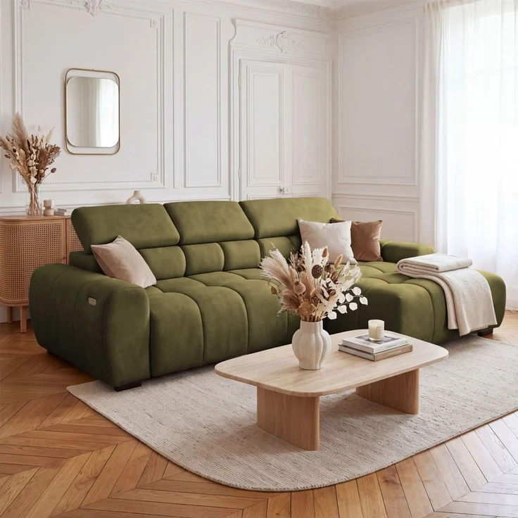 Ecksofa Schlafsofa VELUNIO RELAX in Stoff Salvador Olivgrün Ottomane Rechts – Bild 1