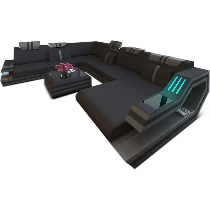 Leder-Stoff-Mix Wohnlandschaft Ravenna XL LED - Mikrofaserstoff - Schwarz-Grau - Rechts