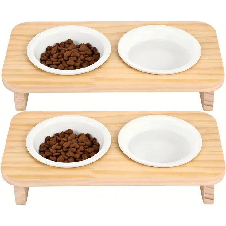 BlingBin Futternapf Doppelnapf, Katzen & kleine Hunde, 2 x Keramik Napf, je 200 ml, Keramik, 15° Neigung Ergonomischer Futterstation Katzen Napfset Hundenapf