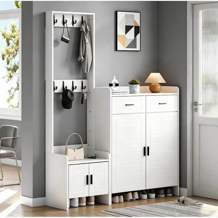 Garderobenschrank, mit 8 Haken, 2 Schubladen & 6 Böden, 125x36x165 cm, Weiß – Bild 2