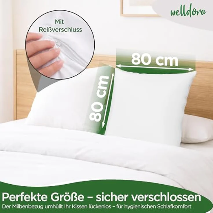 Welldora ǀ 2er-Set Milbenbezug Kissen 80x80 cm ǀ Fachärztlich getestet, hypoallergen, waschbar bis 95 Grad ǀ Premium Encasing gegen Milben & Bettwanzen – Bild 2