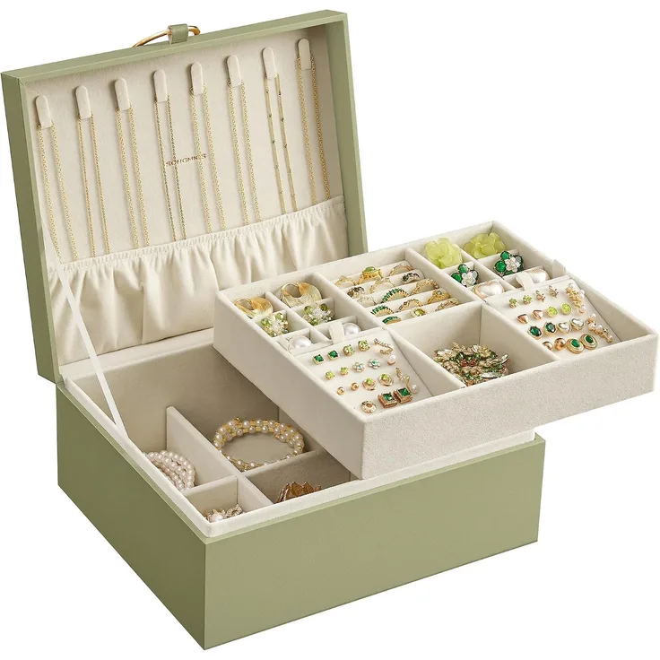 SONGMICS Schmuckkästchen 2 Ebenen, Schmuckkasten mit Griff, flexibles Schmucktablett, Schmuckbox, Schmuckaufbewahrung, schwebender Effekt, 20,5 x 24 x 11 cm, Weihnachten, lorbeergrün JBC165C02