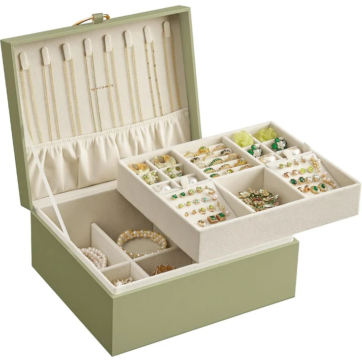 SONGMICS Schmuckkästchen 2 Ebenen, Schmuckkasten mit Griff, flexibles Schmucktablett, Schmuckbox, Schmuckaufbewahrung, schwebender Effekt, 20,5 x 24 x 11 cm, Weihnachten, lorbeergrün JBC165C02 – Bild 1
