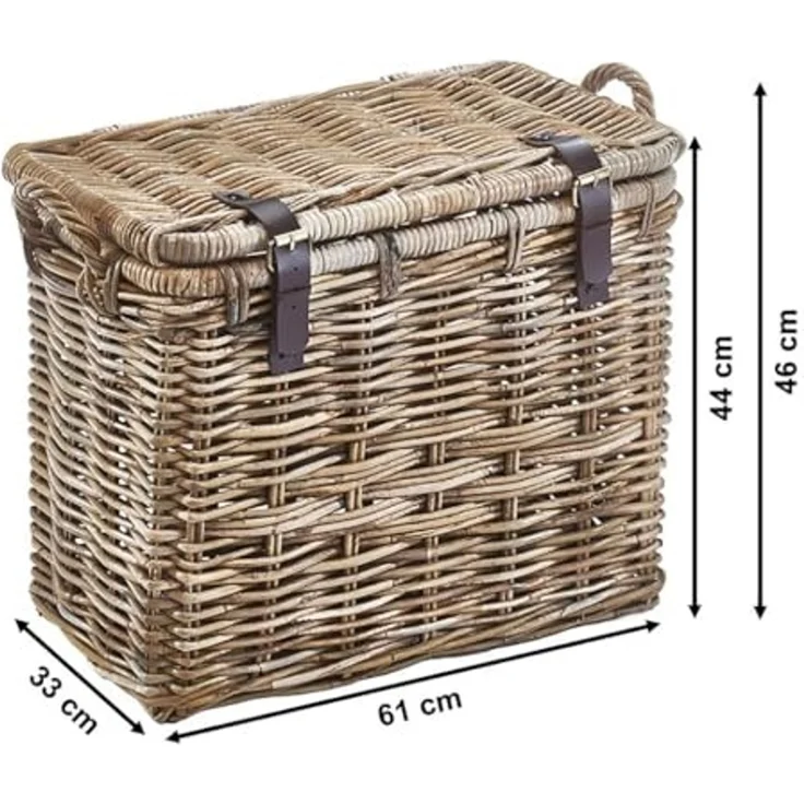 Kobolo Aufbewahrungskorb Universalkorb Korb Truhe aus Rattan mit Deckel Griffen und Lederriemen (Einzelstück, 1 St, 1 Stück), Ordnungssystem mit viel Stauraum – Bild 3