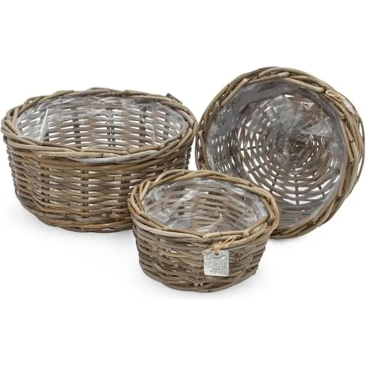 Spetebo Pflanzschale Pflanzschale aus Rattan im 3er Set - 30 / 26 / 21 cm (Set, 3 St, Pflanztöpfe), Blumentopf mit Folie ausgekleidet