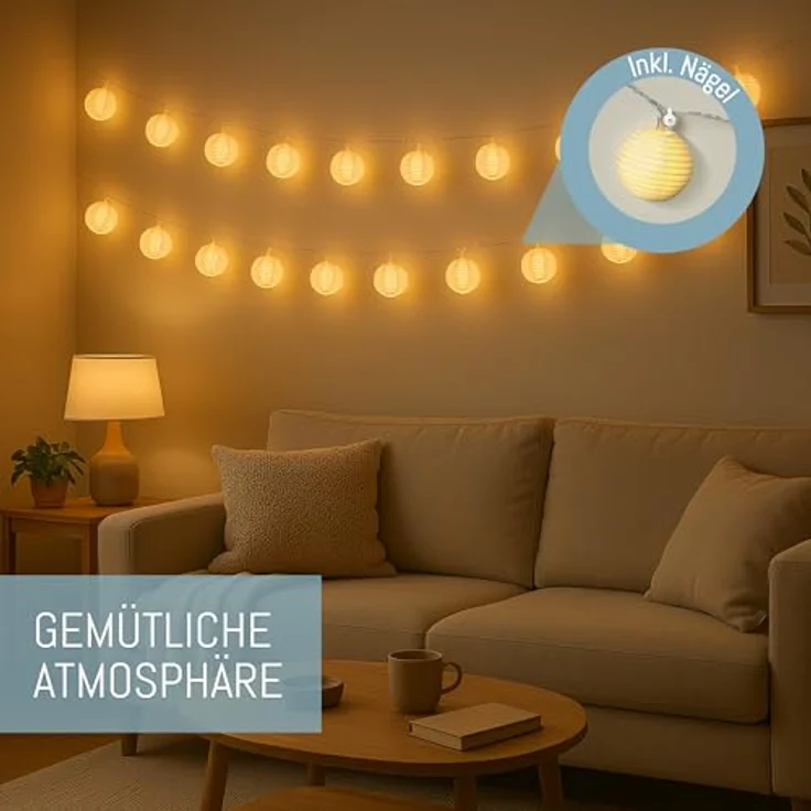 COZY HOME LED-Lichterkette Lampion Lichterkette - Batterie, Stecker und Solar, 20 Lampion LEDs I Timer-Funktion I 7 Meter mit 8 Mod I Wetterfest – Bild 5