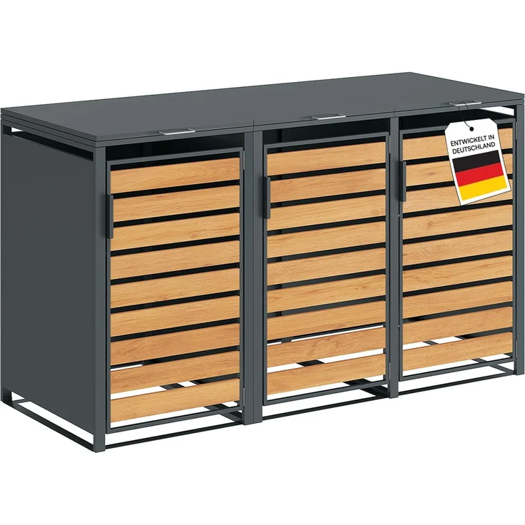 STEELSØN 'Kestra' Mülltonnenbox 3er je 240 Liter, anthrazit mit Holzoptik, Mülltonnenverkleidung aus Stahl, wetterfest, 116x80x203 cm, Müllbox für 3 Tonnen – Bild 1