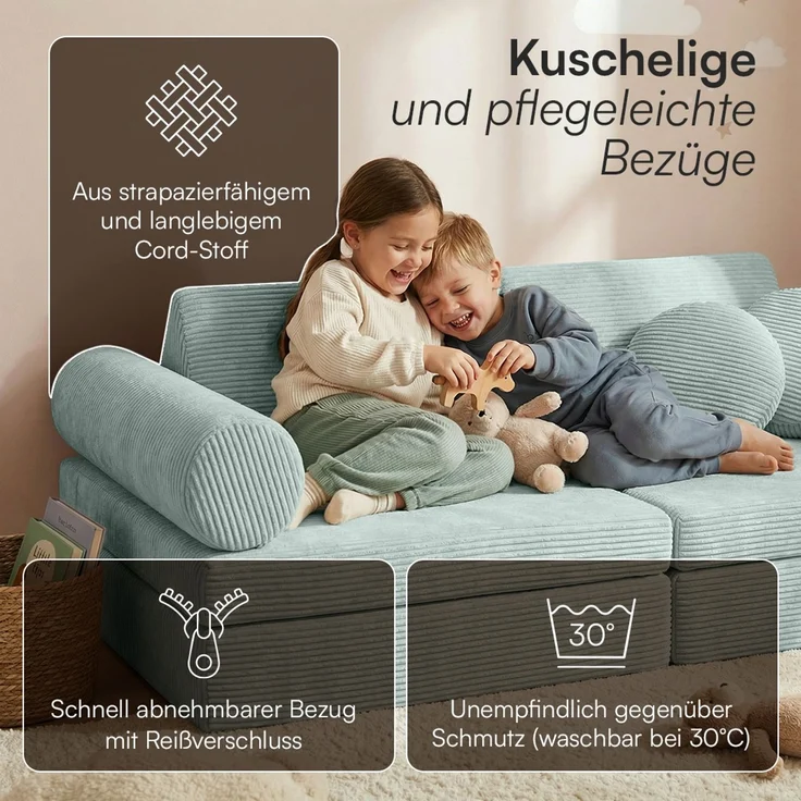 Bellabino 'Nile' Spielsofa mit Kissen und Armlehnen, 8-tlg, Cord, türkis, faltbare Kindercouch, abnehmbarer & waschbarer Bezug, Kindersofa aus Schaumstoff – Bild 5