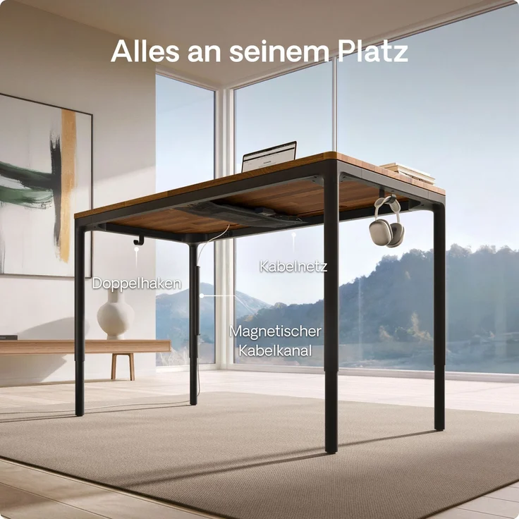 Desktronic Elektrisch höhenverstellbarer Schreibtisch HomeMax 160x80 cm Schwarz/Massives Walnussholz mit Memory-Funktion, Anti-Kollisions Technologie, USB-A und USB-C-Ladeanschlüssen – Bild 7