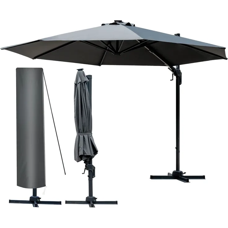BRAST Alu Sonnenschirm Ampelschirm Ø360cm Grau + Schützhülle UV-Schutz 80+ wasserabweisend mit Kurbelvorrichtung drehbar schwenkbar & höhenverstellbar