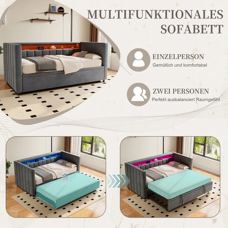 Celya Schlafsofa Multifunktionales mit ausziehbarem Bett, ohne Matratze mit USB-Type-C-Anschluss, LED-Ambiente und Stauraum, für Wohnzimmer, Gästezimmer oder Jugendzimmer – Bild 3