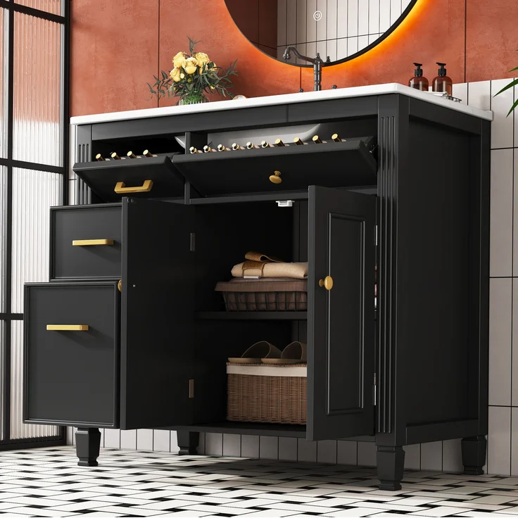 Freistehender Waschtisch 91x46,5x87 cm mit Keramikbecken und Schubladen – Schwarz – Bild 5