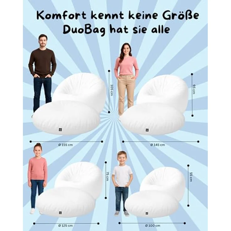 PATCH HOME 2-in-1 Sitzsack Sessel - Gaming Bean Bag mit Reißverschluss - Bereits befüllt, Ergonomisch & Robust für Kinder & Erwachsene - Indoor & Outdoor, Wetterfest (Weiß, 155cm) – Bild 3