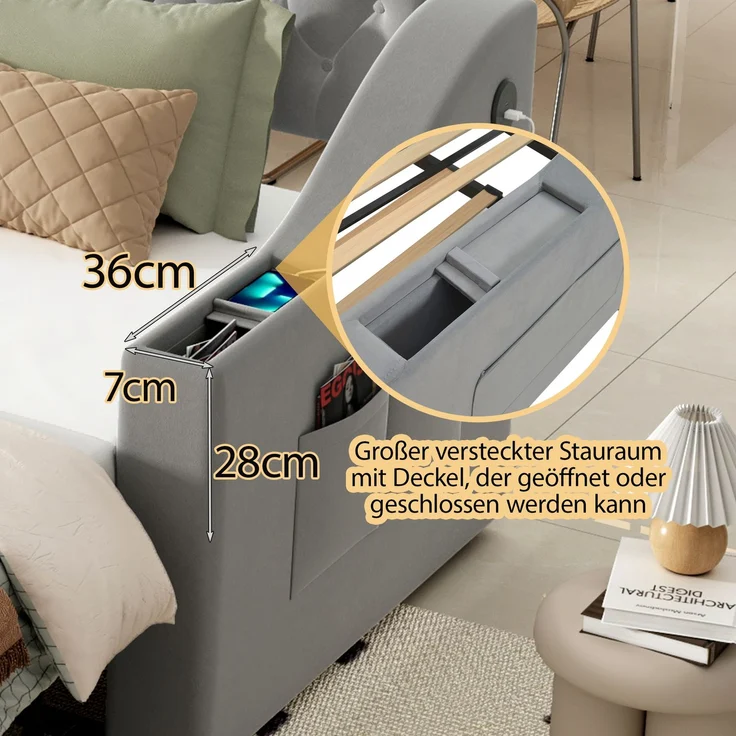 Schlafsofa Samt mit Staufächern & USB-C, 90/180x190 cm grau – Ausziehbares Kingsize Bett, hydraulisch, Sofabett – Bild 5
