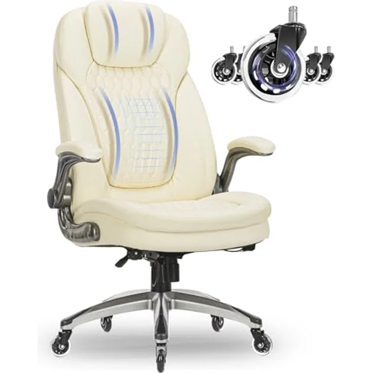 COLAMY Chefsessel aus Atmungsaktivem Leder – Ergonomischer Bürostuhl, Schreibtischstuhl，Bürostuhl Ergonomisch, Flip-up-Armlehnen& Leisen Rollen für Homeoffice und Büro, Elfenbein – Bild 1