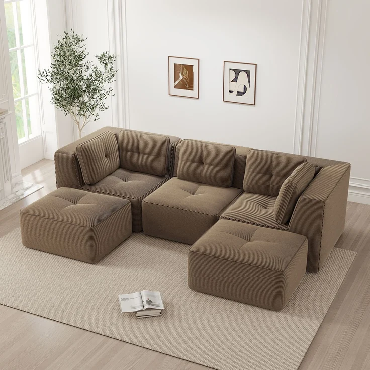 EINHOM Modulares Wohnzimmersofa ohne Gestell, modulares Sektionssofa mit Ottomane, geeignet für das Wohnzimmer, dreisitziges Cord-Sofa mit tiefer Sitzfläche, keine Montage erforderlich, Braun – Bild 3