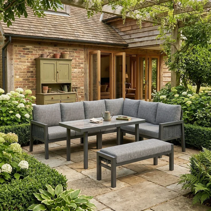 Merax Gartenlounge-Set, Gartenmöbel-Set 7 Sitzer, Gartensofa Eckstellung, mit Esstische, Bänke und Sofas, grau – Bild 3