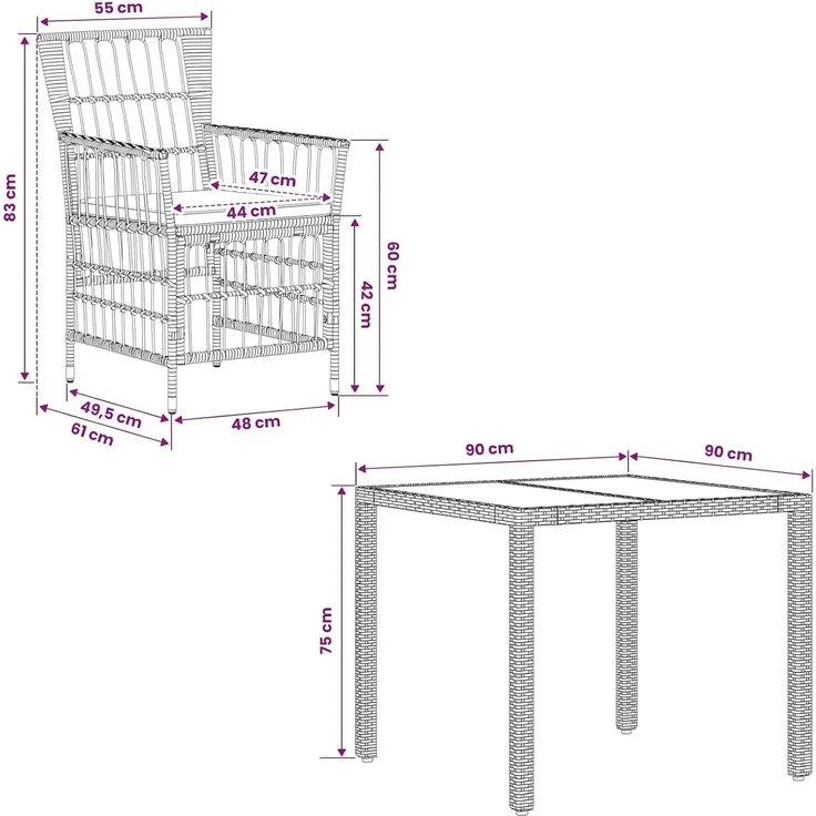 vidaXL Outdoor-Essgruppe 3 stk. Grau Poly-Rattan 3448933 – Bild 3
