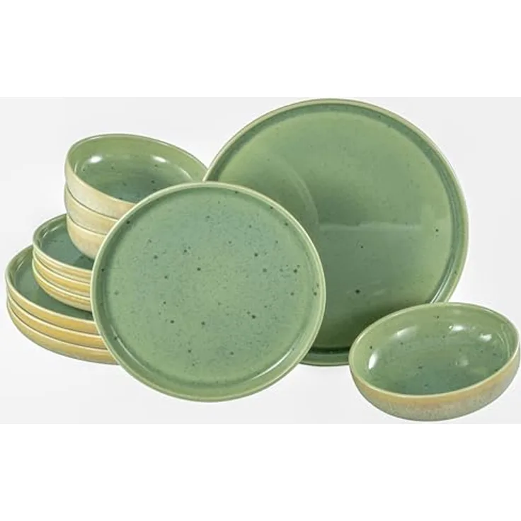 Creatable Tafelservice Uno Emiliana, 12-teilig, creme und grün, keramisch, mit Blumenmotiven, lebensmittelecht und stapelbar