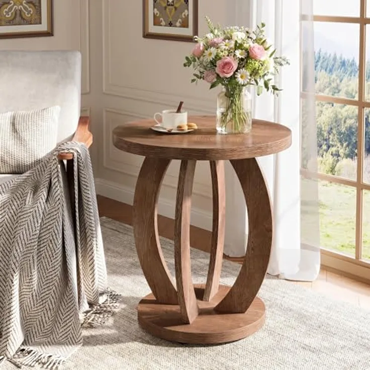 LITTLE TREE Beistelltisch Rund Holz, Couchtisch Vintage Pastoralstil, 50 cm Runder Beistelltisch mit Stauraum, Nachttisch Kleiner Tisch Sofatisch für Wohnzimmer Schlafzimmer Balkon, Braun