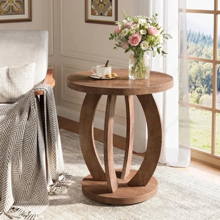 LITTLE TREE Beistelltisch Rund Holz, Couchtisch Vintage Pastoralstil, 50 cm Runder Beistelltisch mit Stauraum, Nachttisch Kleiner Tisch Sofatisch für Wohnzimmer Schlafzimmer Balkon, Braun – Bild 1