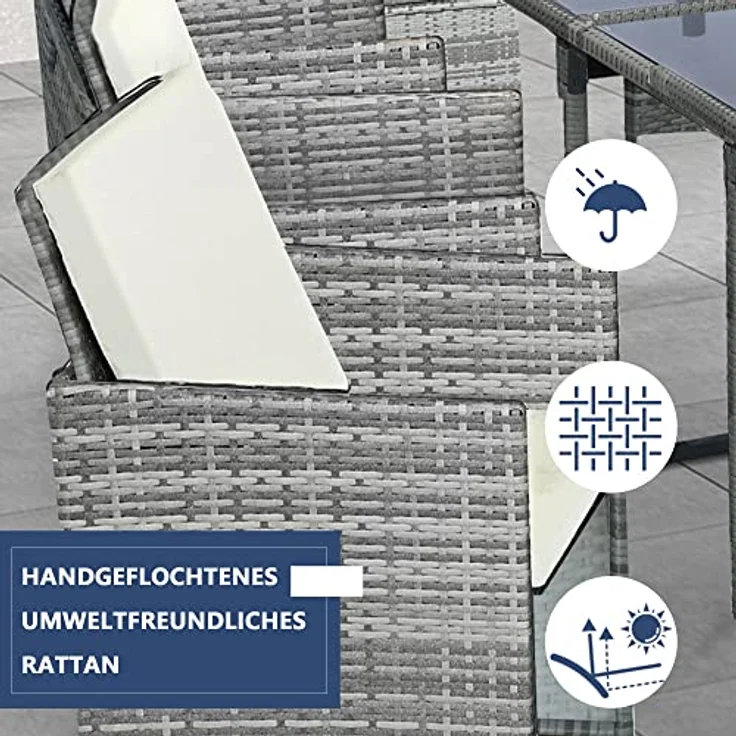 Ribelli Gartenmöbel Set 9-Teilig, Lounge Balkonmöbel aus Polyrattan, Wetterfest Sitzgruppe, Sitzgarnitur mit Sofa, Esstisch, Outdoor Kissen, Hocker, für Rasen, Terrasse, Garten, Grau/Cream – Bild 3