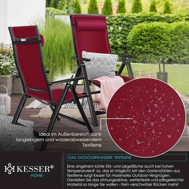 KESSER® Gartenstuhl, Hochlehner mit Armlehnen, Aluminium-Klappstuhl mit Kopfkissen & Cover, 7-fach verstellbare Rückenlehne, atmungsaktiv & wetterfest, klappbar & anti-rutsch, bordeaux – Bild 5
